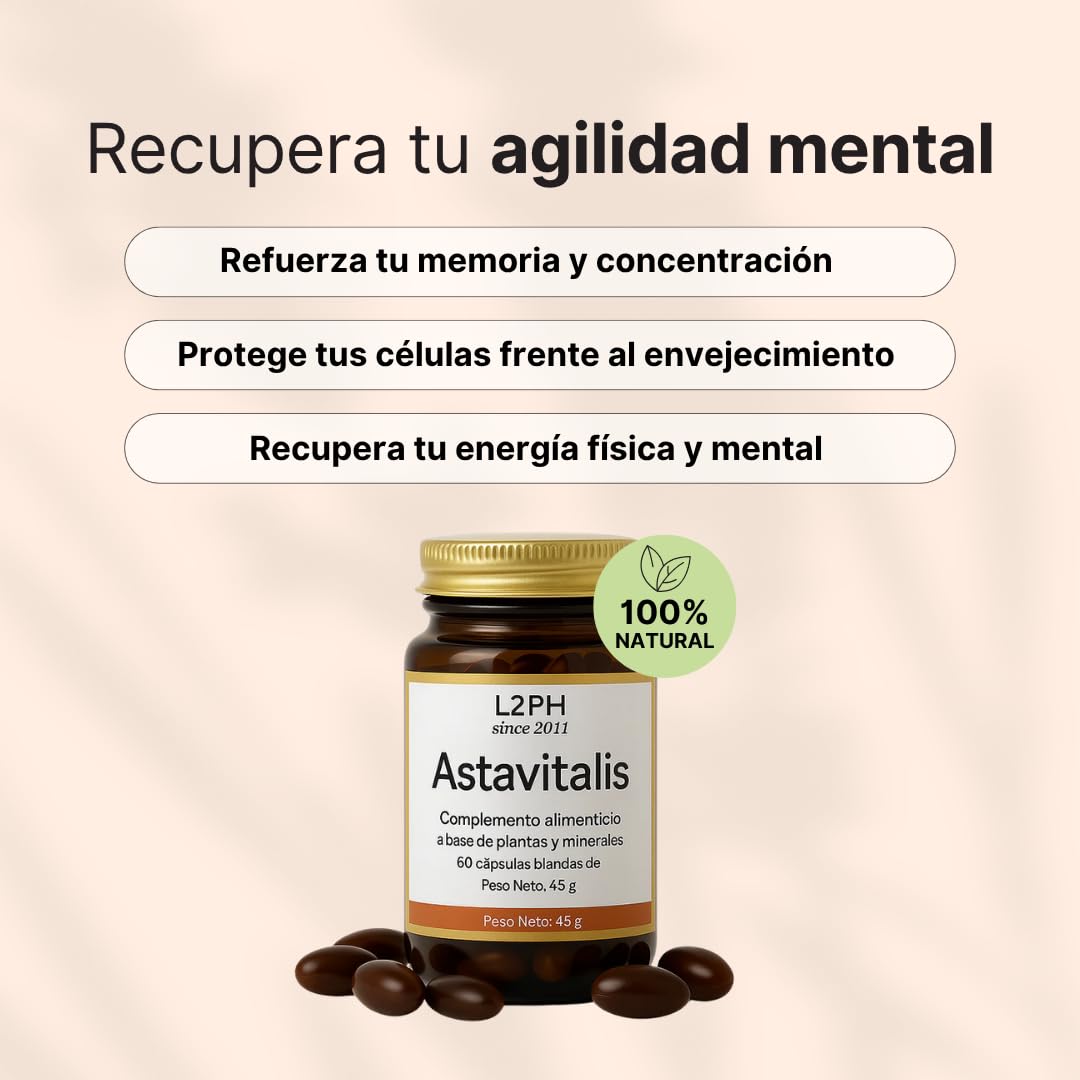 ASTAVITALIS – Complemento Alimenticio Antioxidante Celular para mejorar Piel, Articulaciones y Memoria (60 Cápsulas) Complemento Nutricional Con Astaxantina, Glutatión y Té Verde