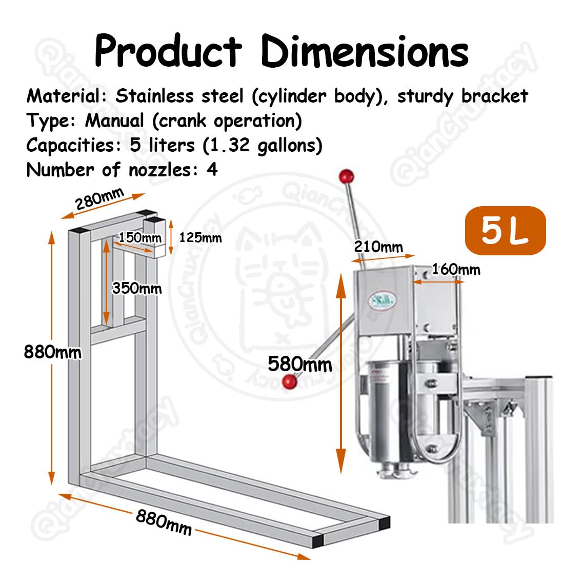 Churro manual de acero inoxidable, máquina de donas comercial y doméstica, soporte en forma de L, 4 boquillas, capacidad de 5 litros para panaderías y restaurantes