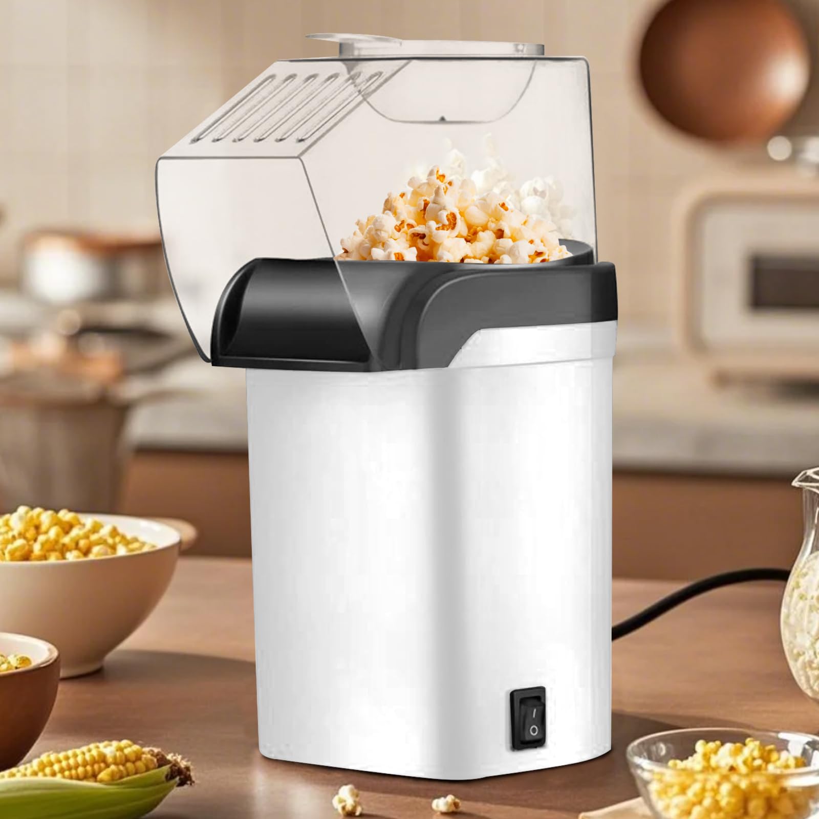 BAIFULAI Macchina per popcorn da 1200 W, mini macchina per popcorn ad aria calda, sana, senza olio, grasso, 2 minuti, funzionamento one-touch, per casa, film, Natale, feste, serata di calcio