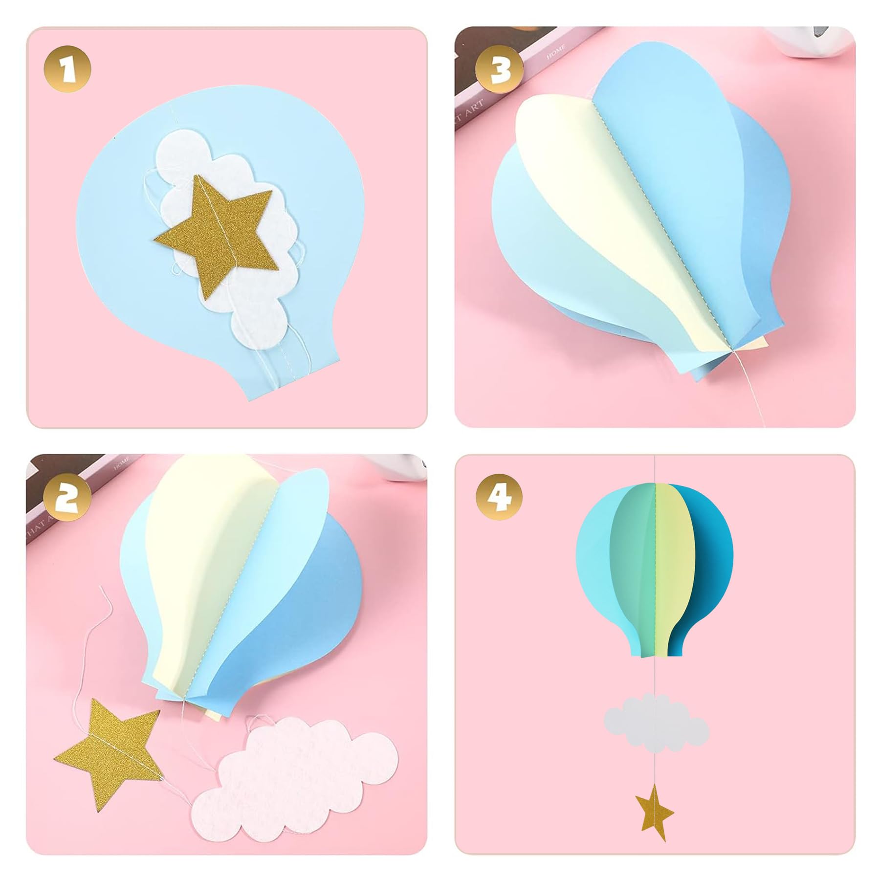 3D-Heißluftballon-Vorhang – 3 Stränge à 2,8 M, Mit Wolken, Punkten & Herzen, Papiergirlande Für Partydeko