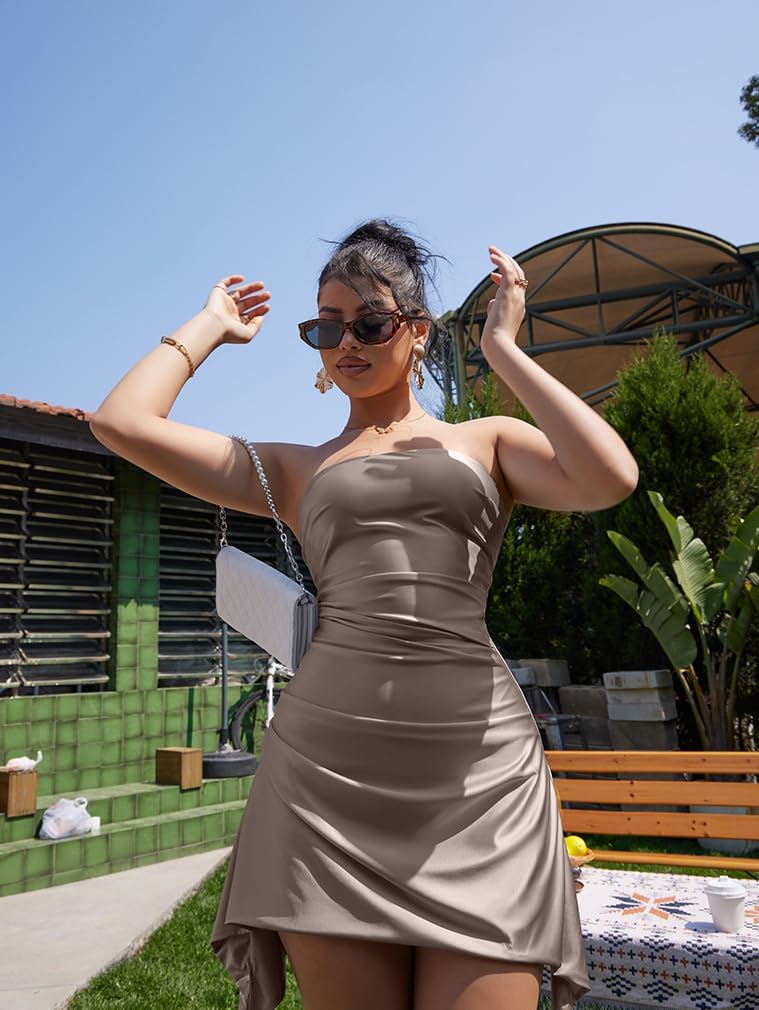 XXTAXN Women's Sexy Elegant Sleeveless Strapless A Line Ruched Cocktail Graduation Satin Mini Dress - Image 3