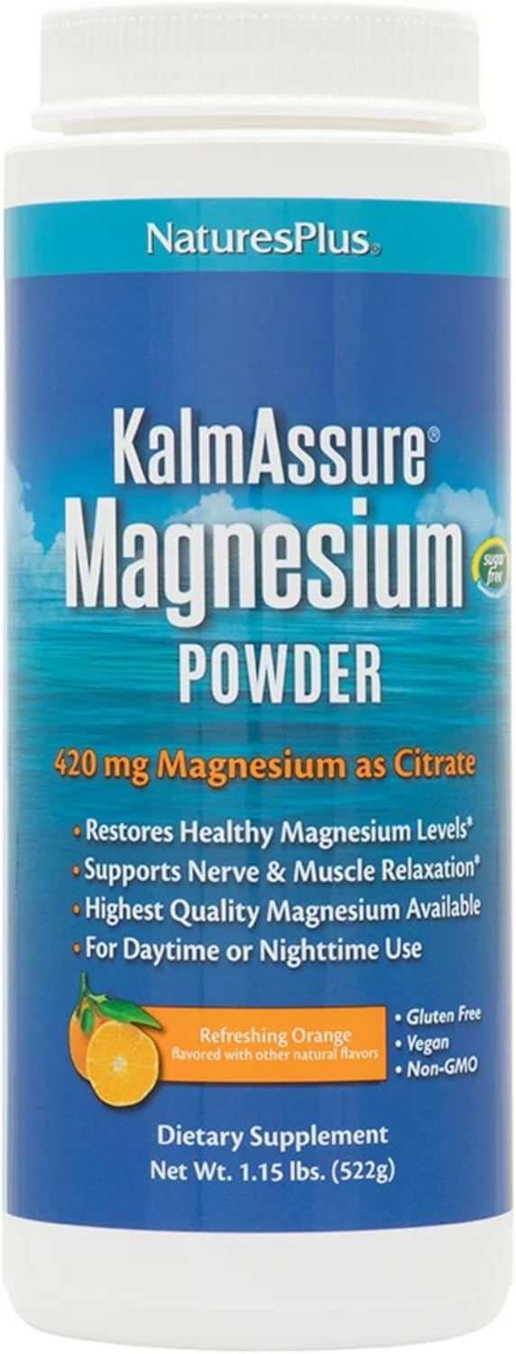 NaturesPlus KalmAssure Magnesium Powder – 1.15 lb – Orange Flavor – Supports Nerve and Muscle Relaxation – Non-GMO, Gluten Free, Vegan – 60 Servings