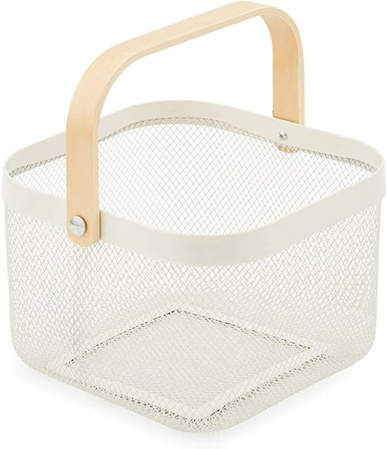 EZOWare Mesh Steel Storage Organiser Basket Bin with Wood Handle Ideal for Kitchen Bathroom Pantry Cabinets - 24 x 24 x 16 cm, White