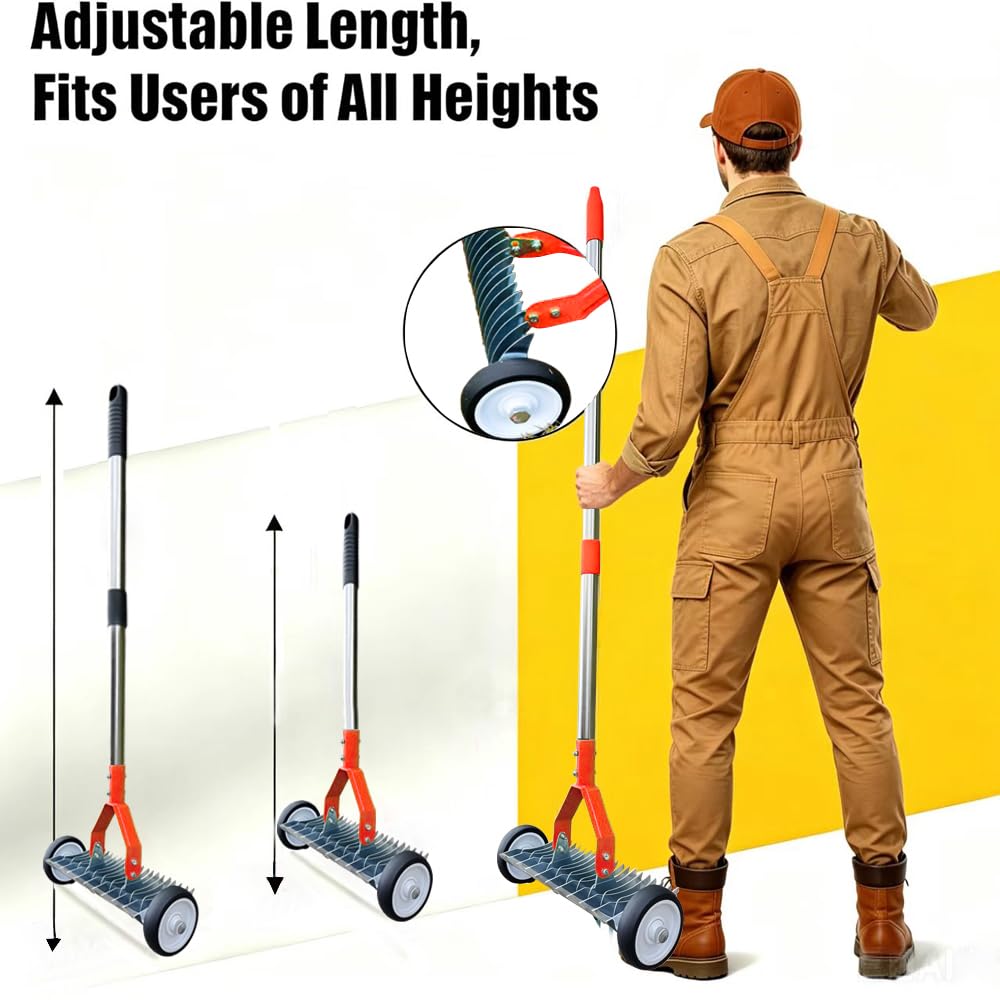 Escarificador Manual con Ruedas, Escarificador Cesped Manual con Mango de 165 cm Ajustable, con Bolsa para Residuos de Jardín, para Eliminar Hierba Muerta, Aflojar el Suelo