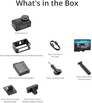 DJI Osmo Action 4-4K Action Camera with Extreme Battery, 128GB MicroSD Card, Protective Frame, Curve Adhesive Base, Mini Extension Rod, Adapter Mount, Locking Screw