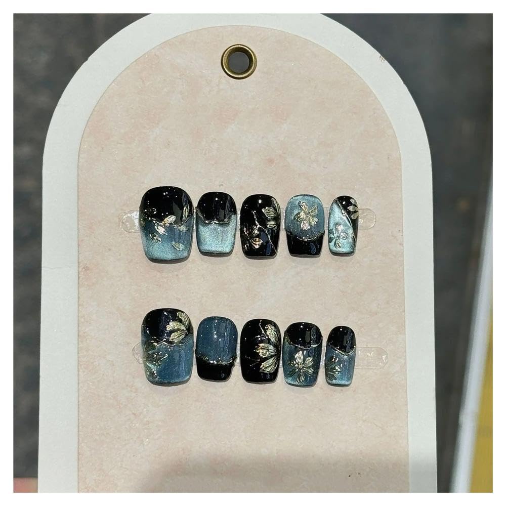 10Pcs Mixed Color Acrylic Fake Nails Blue Cat Eye French Flash Short Stick On Nail DIY Manicure(1 Size M)