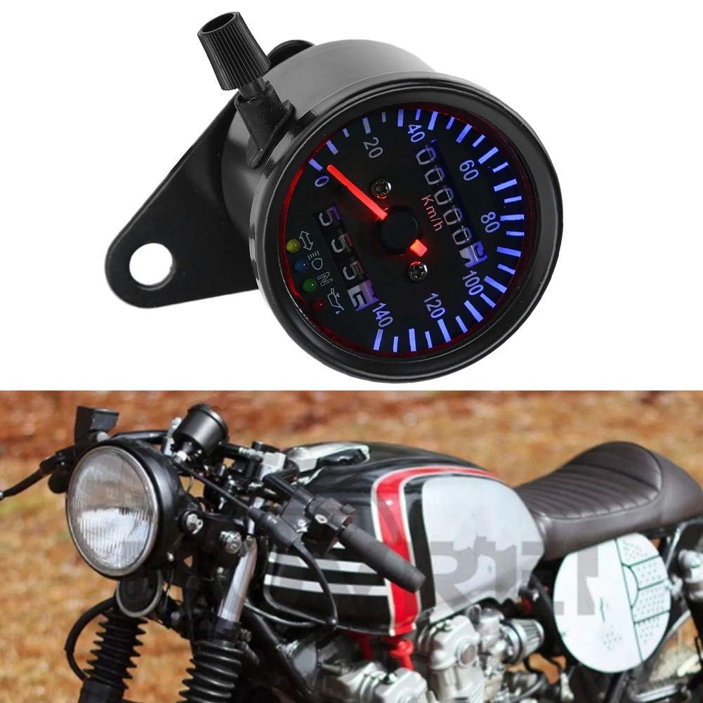 Odomètre de Moto Universel, Double Tachymètre et Compteur de Vitesse, Rétroéclairage LED Bleu 12V, Métal Noir, pour Cafe Racer et Motos Rétro