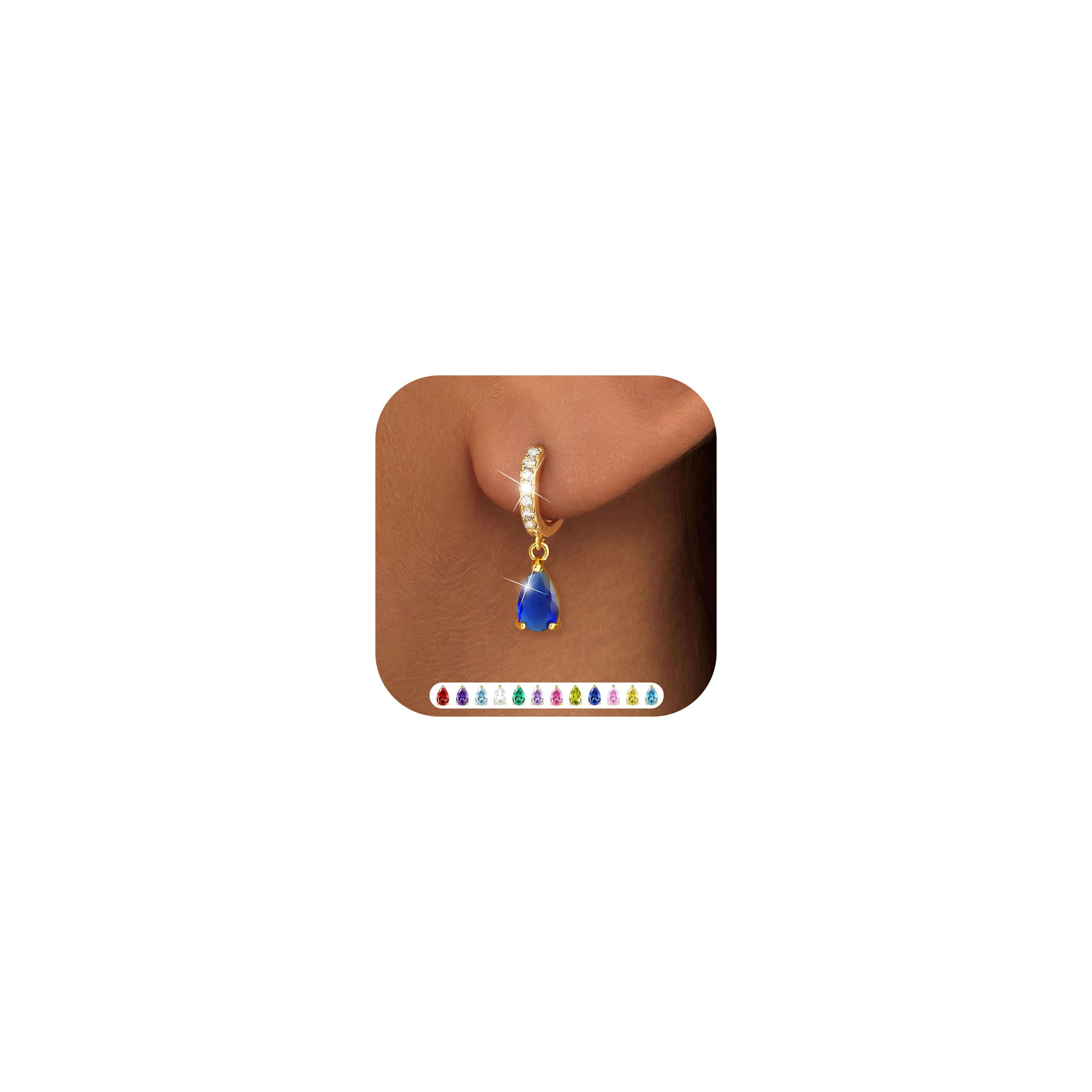 ZNBOH Orecchini Pendenti Donna Oro Placcato 18K Anallergici Piccoli Orecchini con Zirconi Pietra di nascita Smeraldo Acquamarina Ametista Moissanite Piercing Orecchio Cerchio Gioielli Regalo Donna