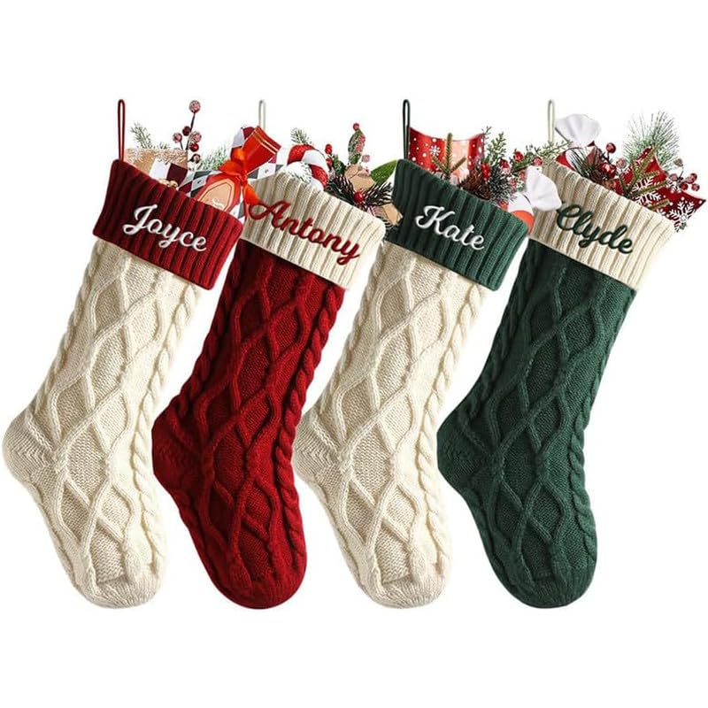 Personalisierte Weihnachtsstrumpf mit Namen 46cm große gestrickte Nikolausstrumpf hängende Familie Weihnachtsstrümpfe für Kinder Weihnachtsdeko Party,Doppelrautenmuster,5 PCS