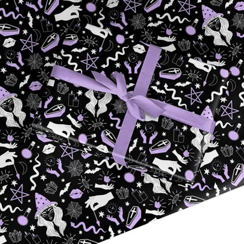 Witch Halloween Wrapping Paper - Spooky Party Gift Wrap for Birthdays Witches & Magic Lovers - Black & Purple Wizard Theme Present - Made in the UK - by Dyefor - 2 Sheets (50cmx70cm)