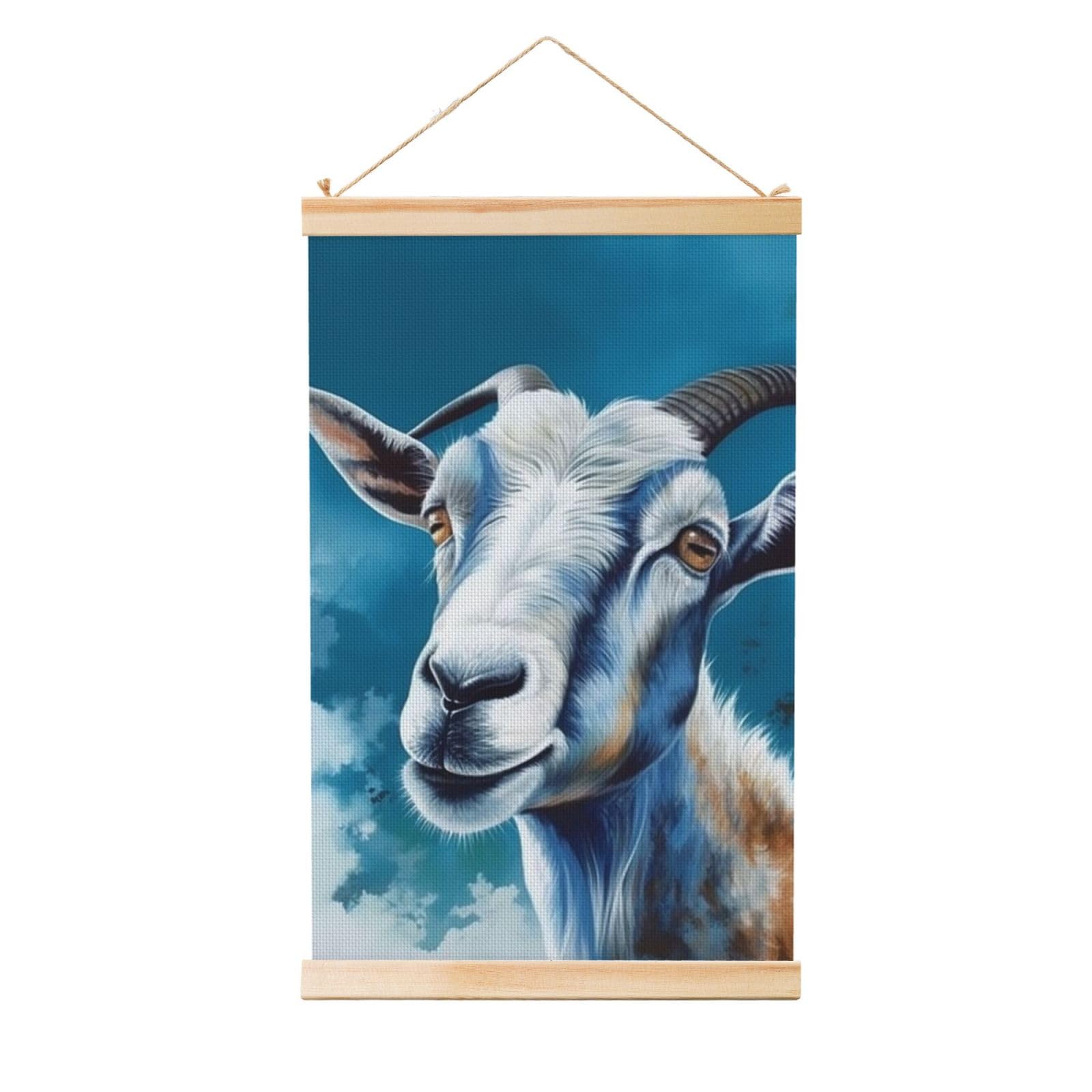 Blue Goat Print Poster Wooden Shaft Hanging Poster Wall Hanging Banner Canvas Artwork with Wood Frames 20"x30" Modern Artwork Decor Ready to Hang Wall Art for Home Decor Scroll Painting