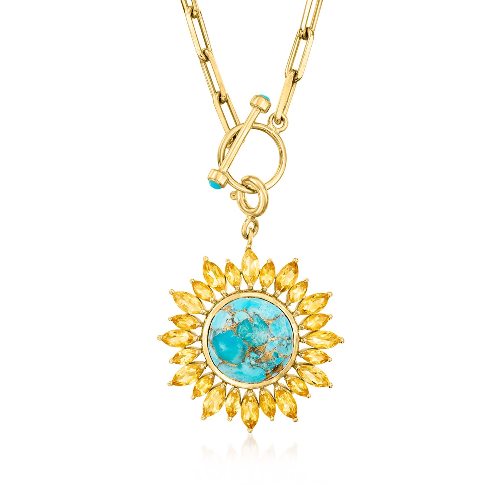 Ross-Simons Turquoise and 2.50 ct. t.w. Citrine Sunflower Toggle Necklace in 18kt Gold Over Sterling