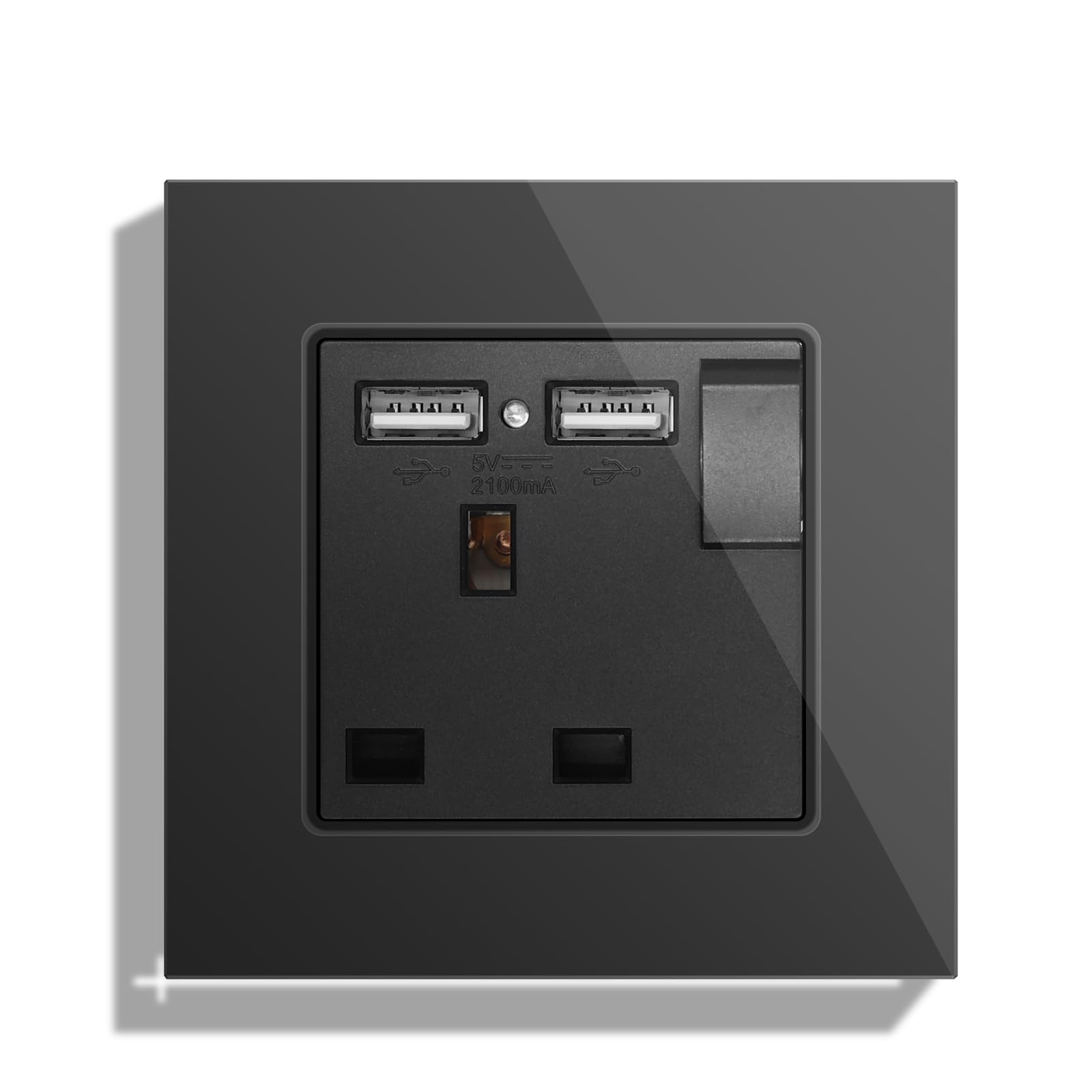 BSEED Single Switched Wall Socket 1 Gang Black with TWO-USB Charging ports, Wall Switch Power Socket with Glass Panel