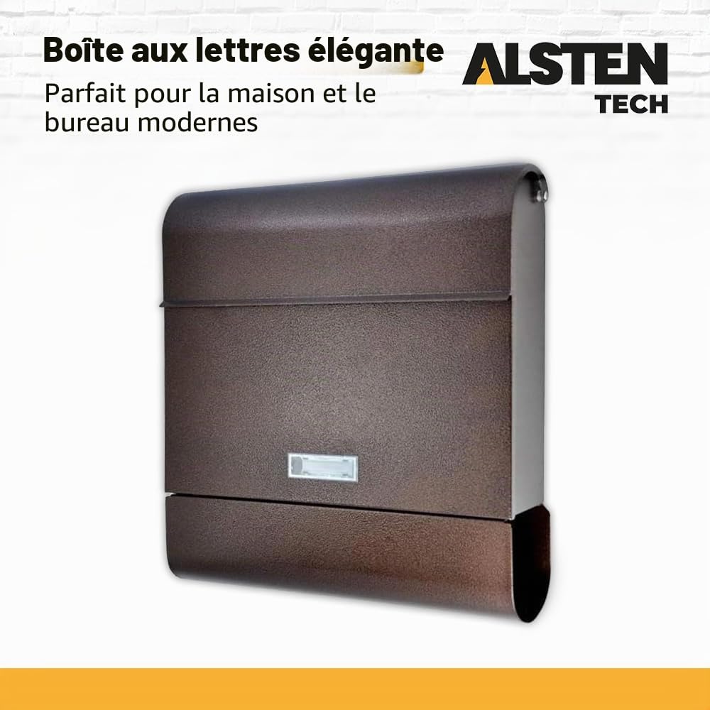 Boîte aux lettres murale moderne - Bronze vieilli - Compartiment à journaux - Format C4 - Verrouillable - 3 clés - Plaque nominative - Marron antique