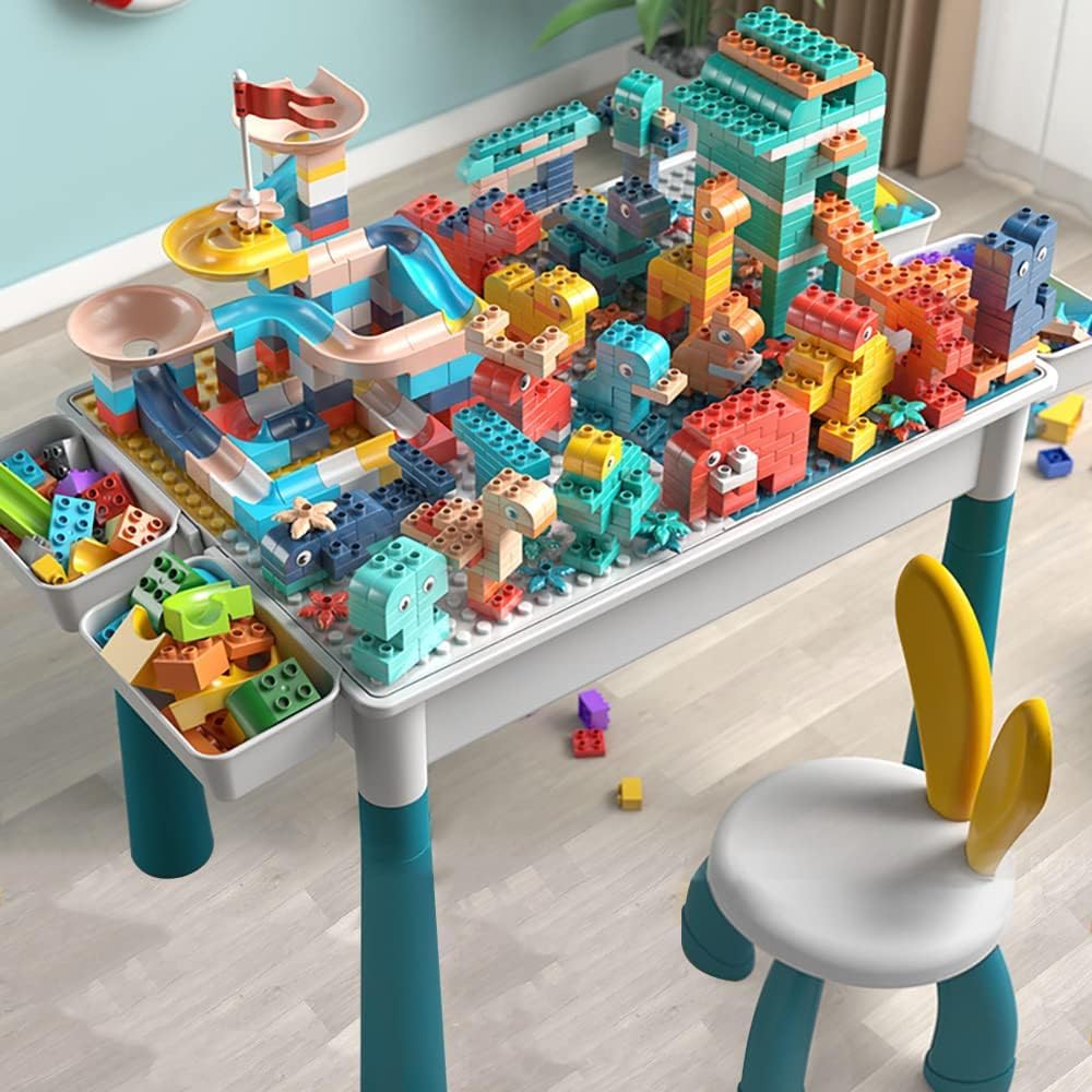 Kids Activity Table and 2 Chairs Set, All-in-One Multi Activity Table with Storage, 156pcs Building Blocks Table Compatible with Classic Bricks, Craft Learn Play Water Sand Table for Boys Girls.
