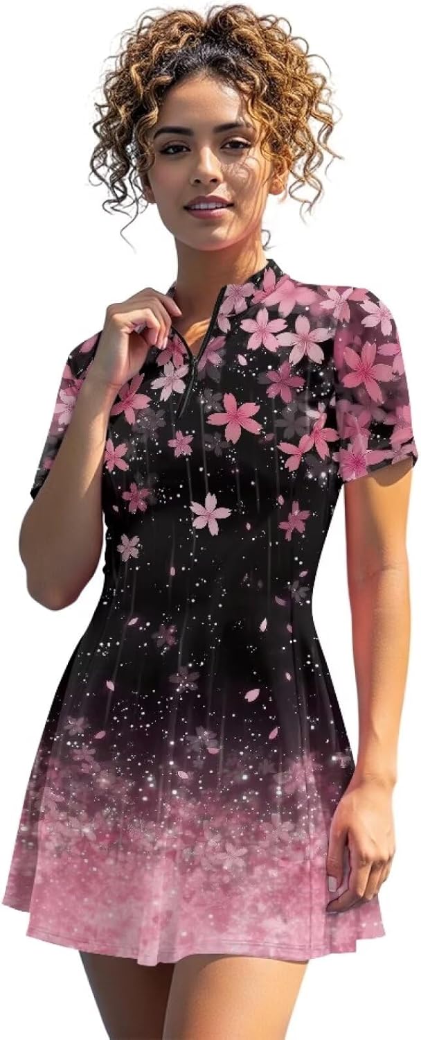 Zipper Tennis Dresses for Women with Shorts, Short Sleeves Light Comfort Breathable Gym Workout Dress