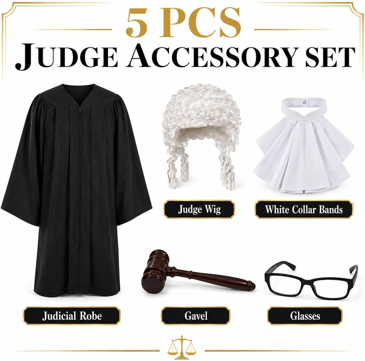 5 Pcs Halloween Judge Costume Accessory Set for Adults with Black Robe, White Collar, Curly Wig, Gavel and Glasses