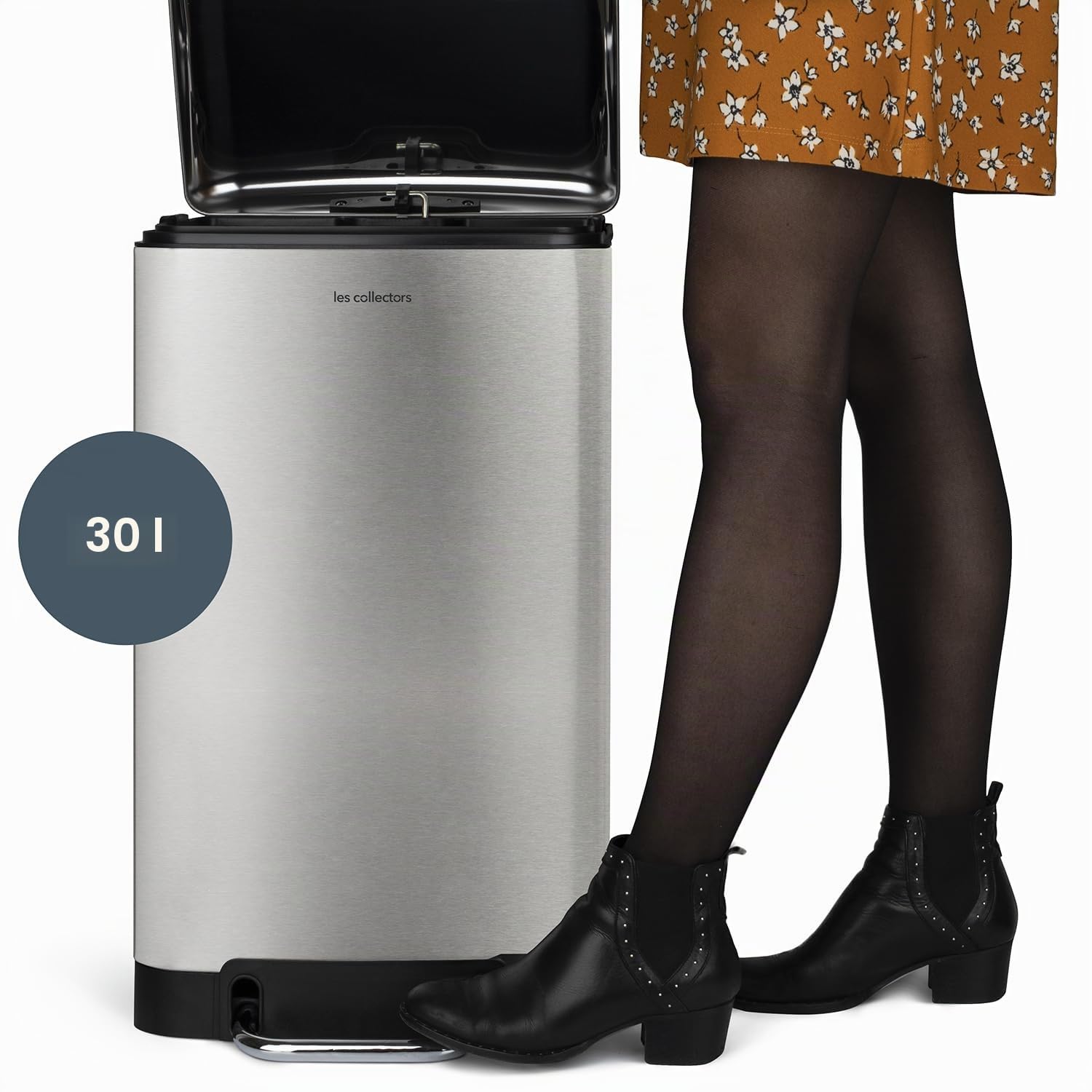 Les Collectors Küchen-Tretabfalleimer Edelstahl N°712 Fassungsvermögen 30 L, Kompakt, Praktisch, Herausnehmbarer Inneneimer, Design, Strapazierfähig, Geräuscharmer Deckelverschluss