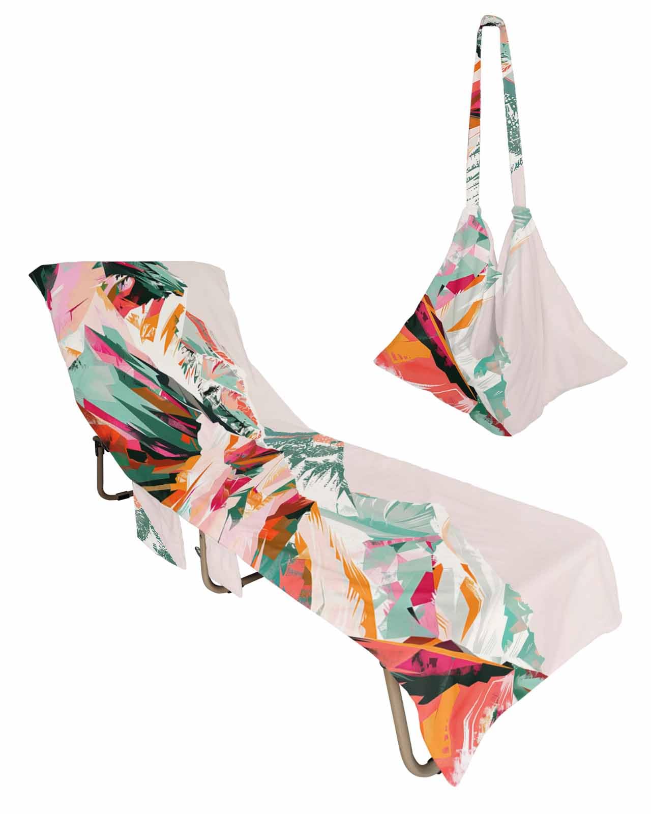 Green Orange Beach Lounge Chair Towel Cover, Soft Chaise Lounge Towel with Side Pockets Patio Pool Chairs Cover for Beach/Pool Sunbathing 29x85 Abstract Mountains Range Modern Painted Art