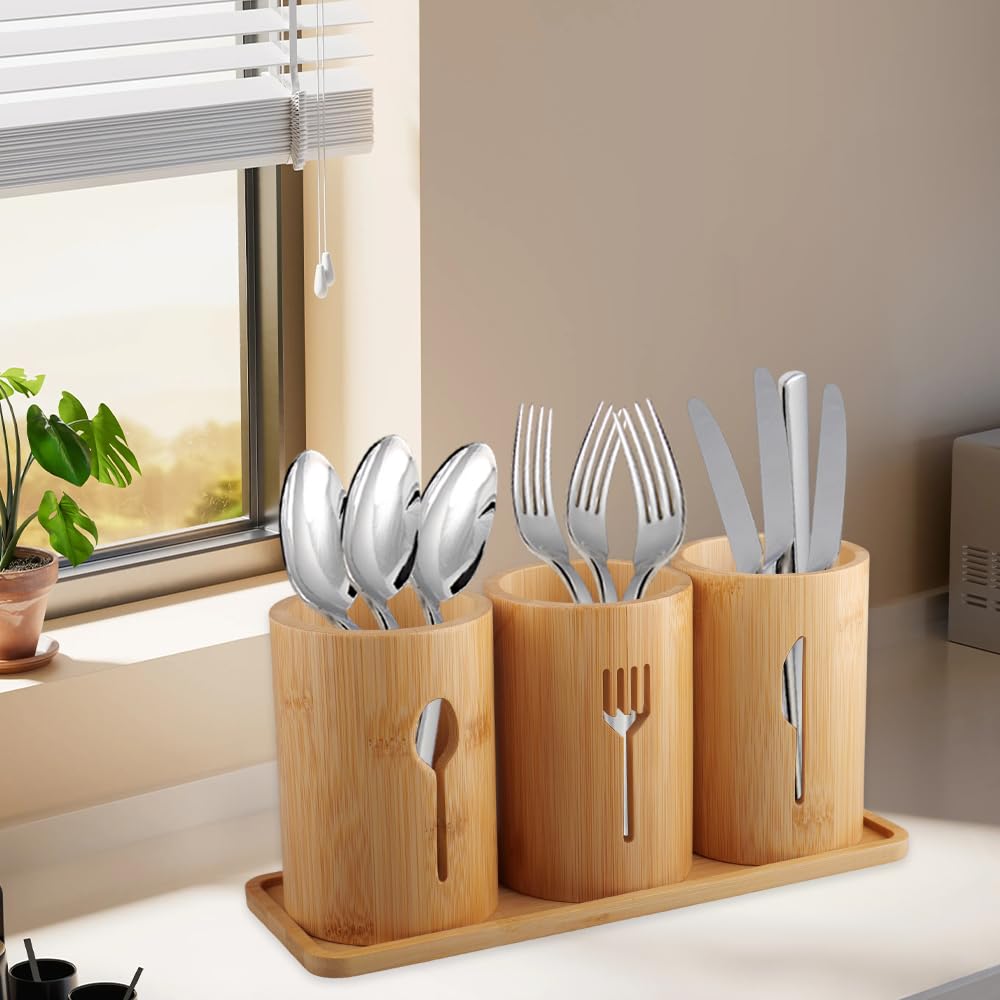 Porta-Utensili da Cucina, 3 Scomparti Per Utensili Da Cucina In Legno Portautensili in Bambù per Stoccaggio di Cucchiai, Forchette, Coltelli e Utensili da Cucin