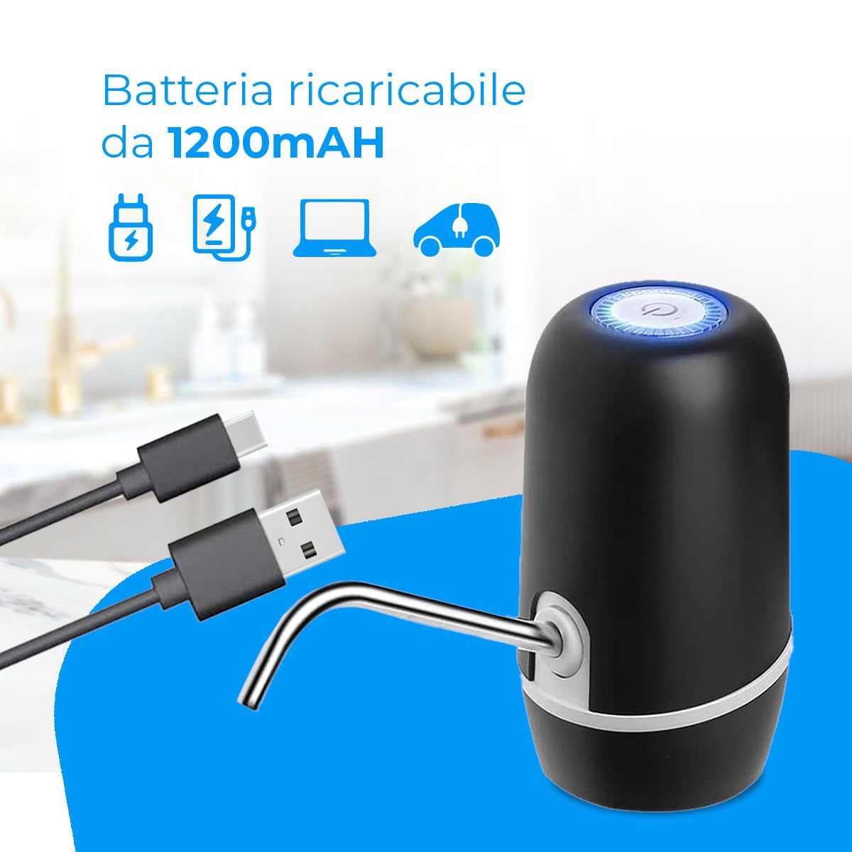 NK Dispenser di acqua – Dispenser automatico, ricarica USB, dosatore in acciaio, senza BPA, Acqua Fredda, 1200 mAh, 1,5 l, 5,7 l, 10 l, 11,3 l, 15 l, 18,9 l, (Colore Nero)