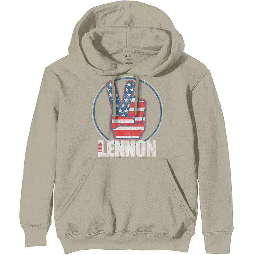 John Lennon Hoodie Peace Fingers US Flag Logo Official Unisex Sand Pullover M