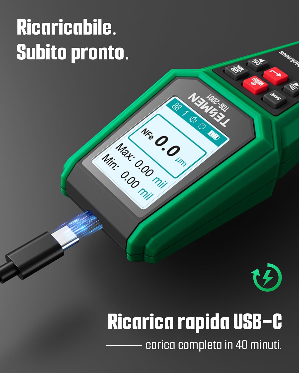 TESMEN TCG-2001 Spessimetro per Vernice Auto, Misuratore Digitale con Grafico a Barre, Schermo a Colori Retroilluminato 4 Vie, Allarme di Soglia, Sonda Fe/NFe – Verde