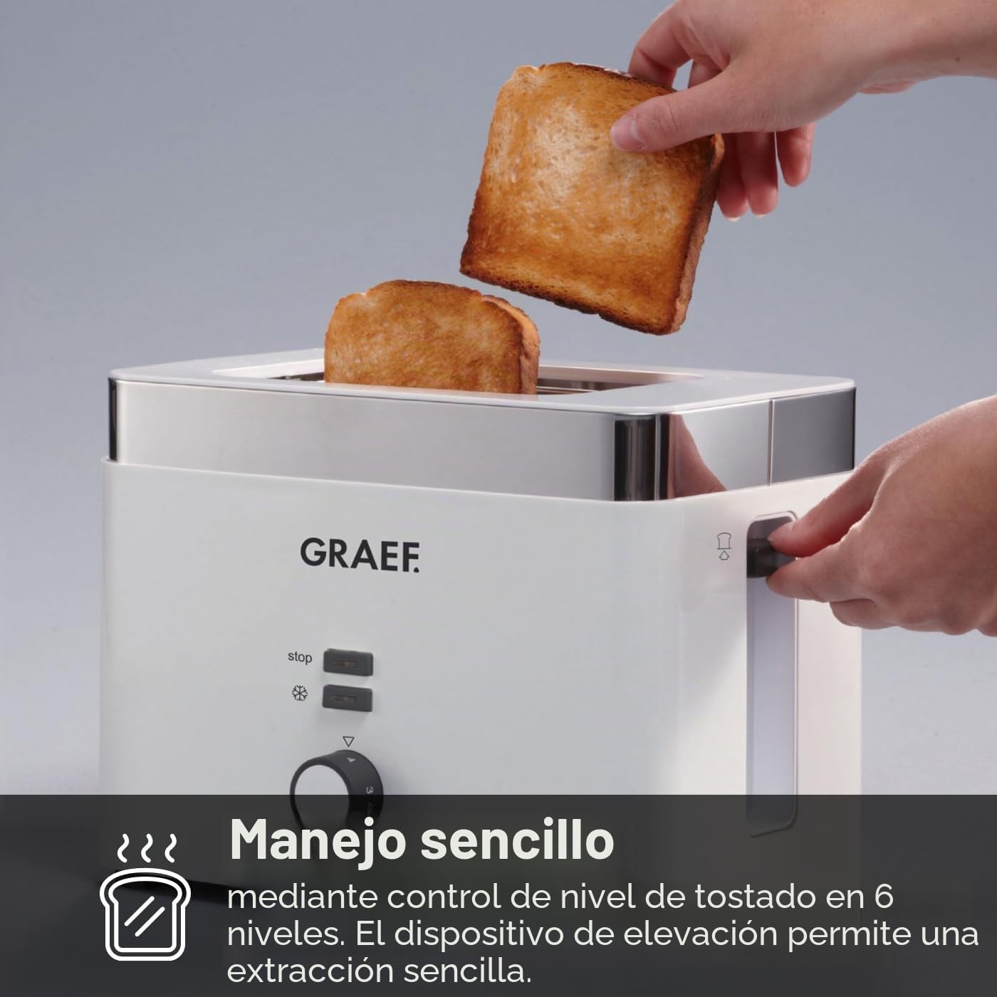 GRAEF Tostadora TO61 blanca, 2 rebanadas, centrado, accesorio panecillos, tostado ajustable, recogemigas, parada, descongelación