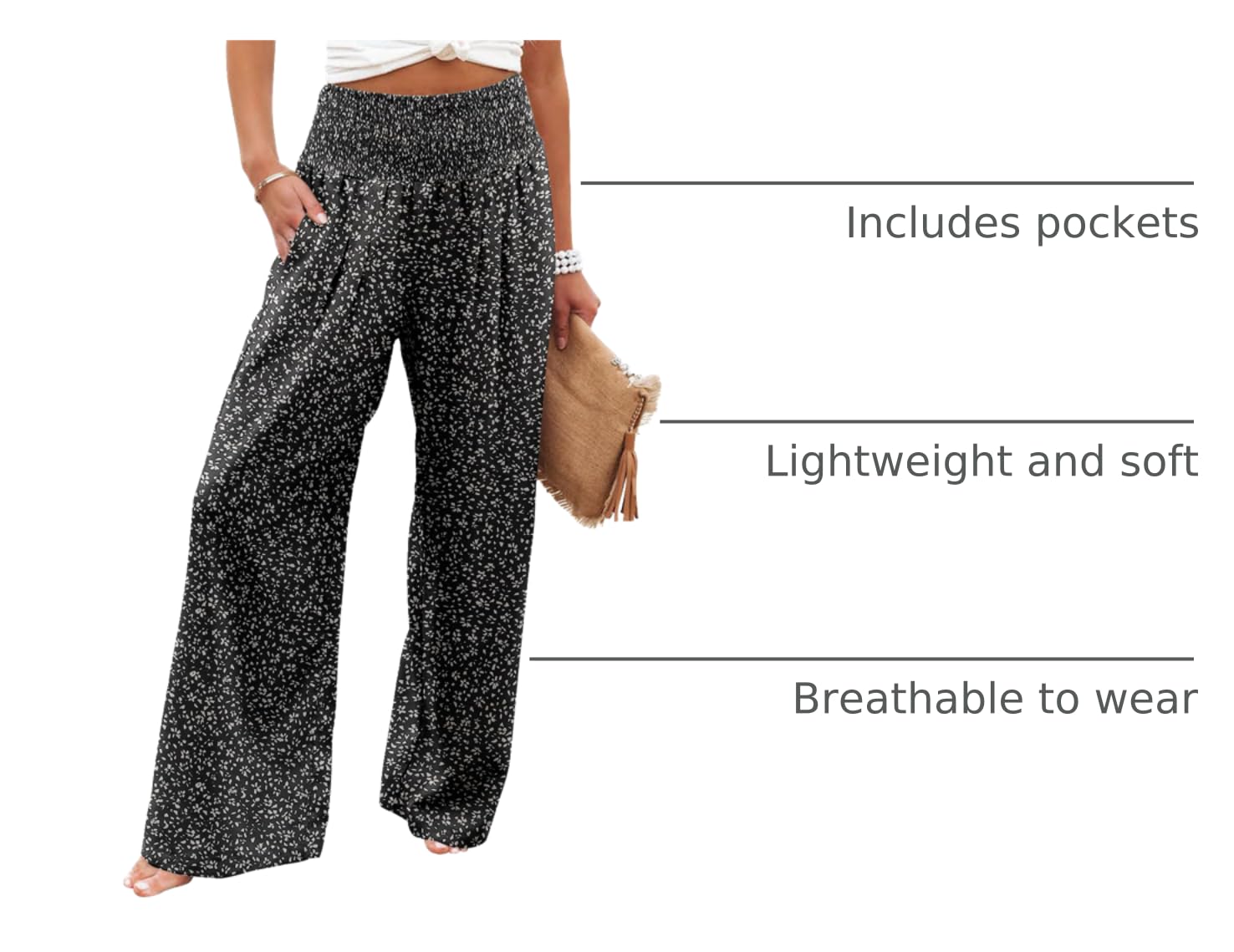 Angerella Womens Elastic High Waisted Palazzo Pants Casual Wide Leg Long Lounge Pant Trousers with Pocket
