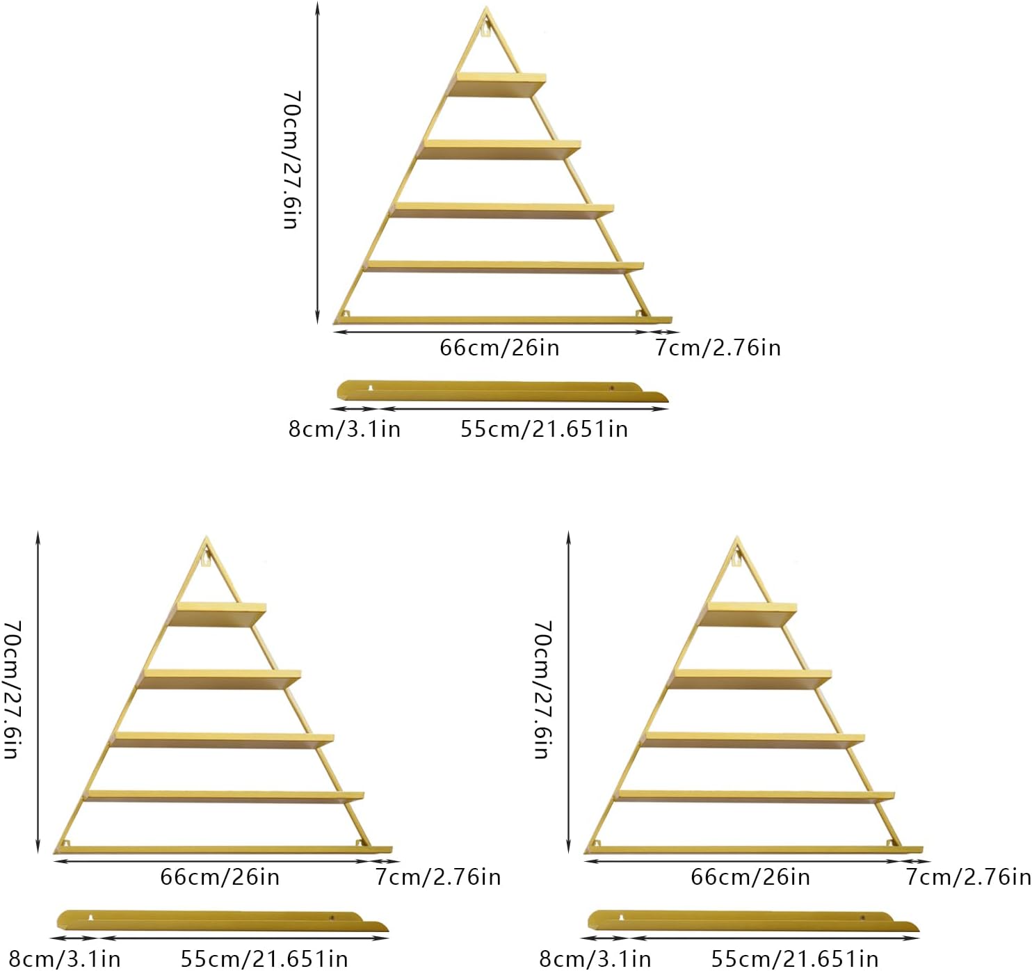 5 Tiers Metal Wall-Mounted Nail Polish Display Rack Simple Triangular Floating Lipstick Perfume Storage Shelves with 110lbs Capacity for Nail Salon Stores, Home, Spas, Golden