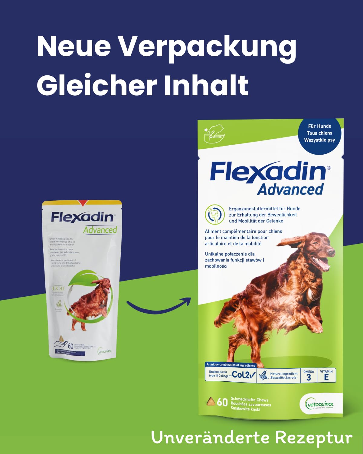 Flexadin Advanced para perros | Paquete doble | 2 x 60 Chews | Complemento alimenticio para apoyar la salud articular | Con colágeno inmunoactivo, Omega-3 y vitamina E
