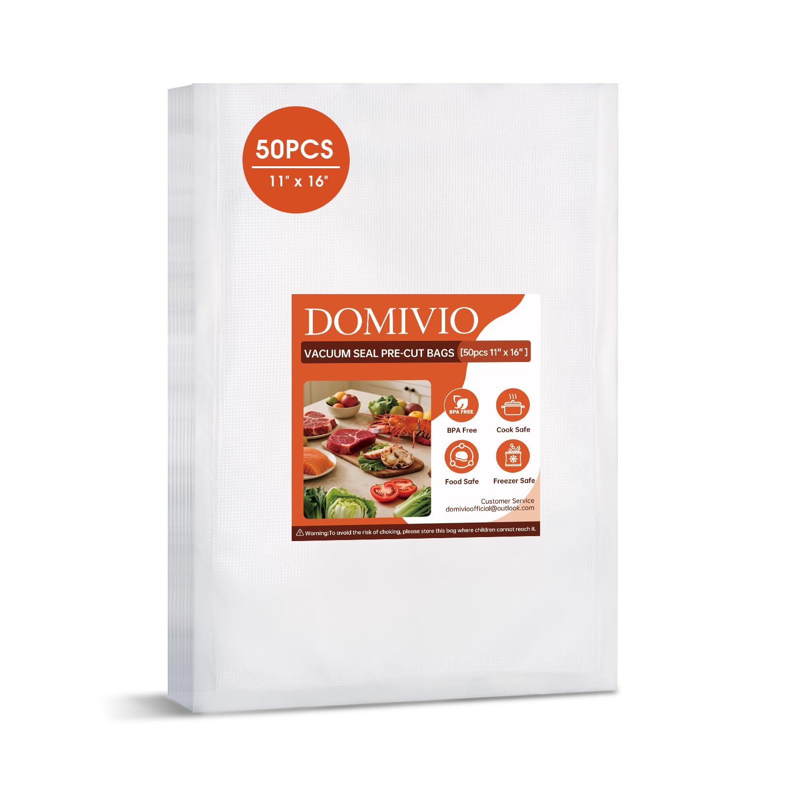 DOMIVIO Vacuum Seal Bags, 50 Pre-Cut 28 x 40cm Embossed Food Vacuum Sealer Bags, BPA Free, Food Grade, Heavy Duty, Textured Vac Pack Bags for Sous Vide Cooking, Meal Prep, Freezer, Commercial Grade