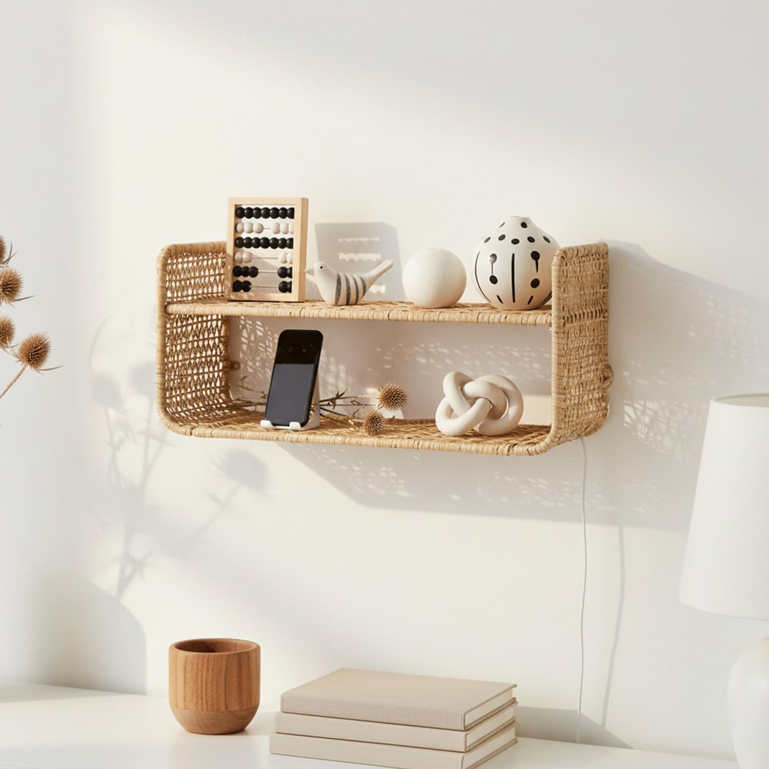 PrettyKrafts Two Tier Rafia & Metal Wall Shelf Storage Organiser | Multipurpose Storage Basket | Decorative Wall Mounted Storage Rack for Living Room, Bedroom, Kitchen & Office (25x15x23 cm)-image-11