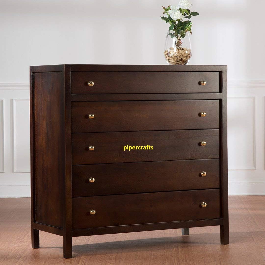 made wood solid sheesham wood chest of drawers for storage | wooden clothes dresser & storage cabinet | bedroom & living room furniture | dark walnut finish