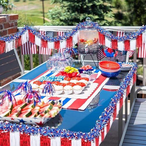 Image of Meonum 4 Pcs 4th of July Parade Float Decorations, American Flag Float Fringes and Patriotic Tinsel Garlands, Red White Blue Garland for Independence Day Memorial Day Decoration (Star)