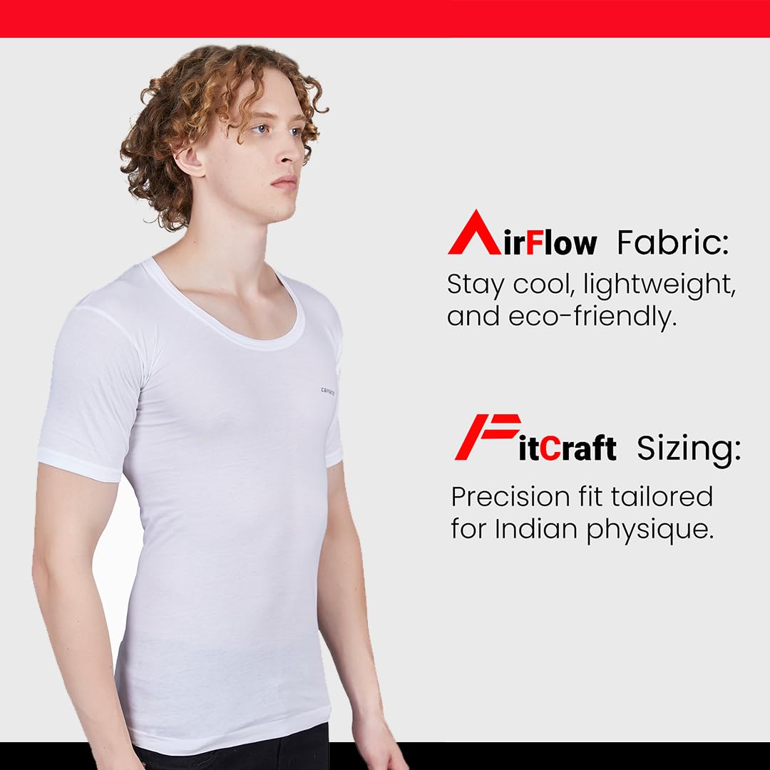 Shera Cotton Men Half Sleeve Vest, Men's Round Neck Half Sleeve Vest for Everyday Wear, Airflow Fabric, Lightweight and Comfortable - Pack of 2 White 2