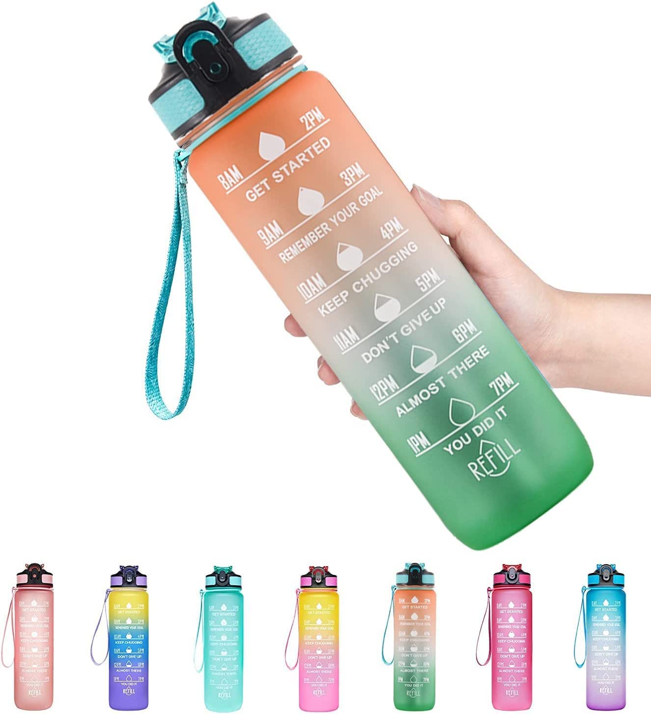 EclipiMotivational Sports Water Bottle 1L, 32Oz Tritan Plastic Water Bottle With Time Markers, Straw, Leak Proof Water Bottle For Adults, Kids, School Water Bottles, 1Litre (Orange & Green)