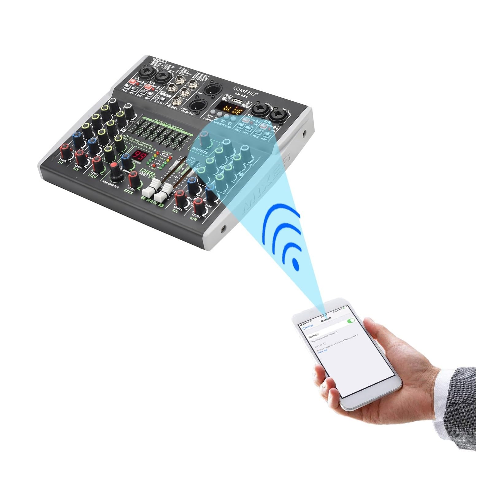 Mikser DJ-ski, 6-kanałowa konsola miksująca Bluetooth 7-pasmowy EQ Mikser dźwięku 48 V 99 DSP Efekty Profesjonalny USB PC AM-AX6