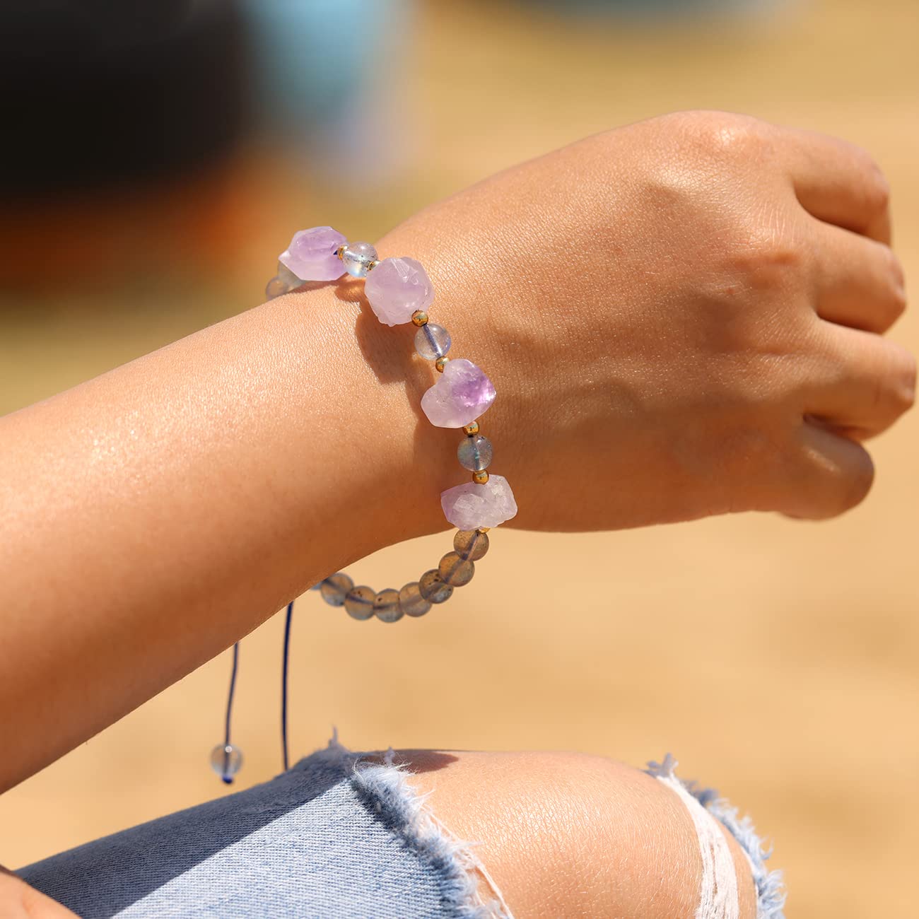 Jewboo Genuine Amethyst/Moonstone Beaded Bracelets Irregular Raw Crystals Bracelet for Women Love Spiritual Reiki Positive Energy Adjustable Healing Crystals Jewelry - Image 3