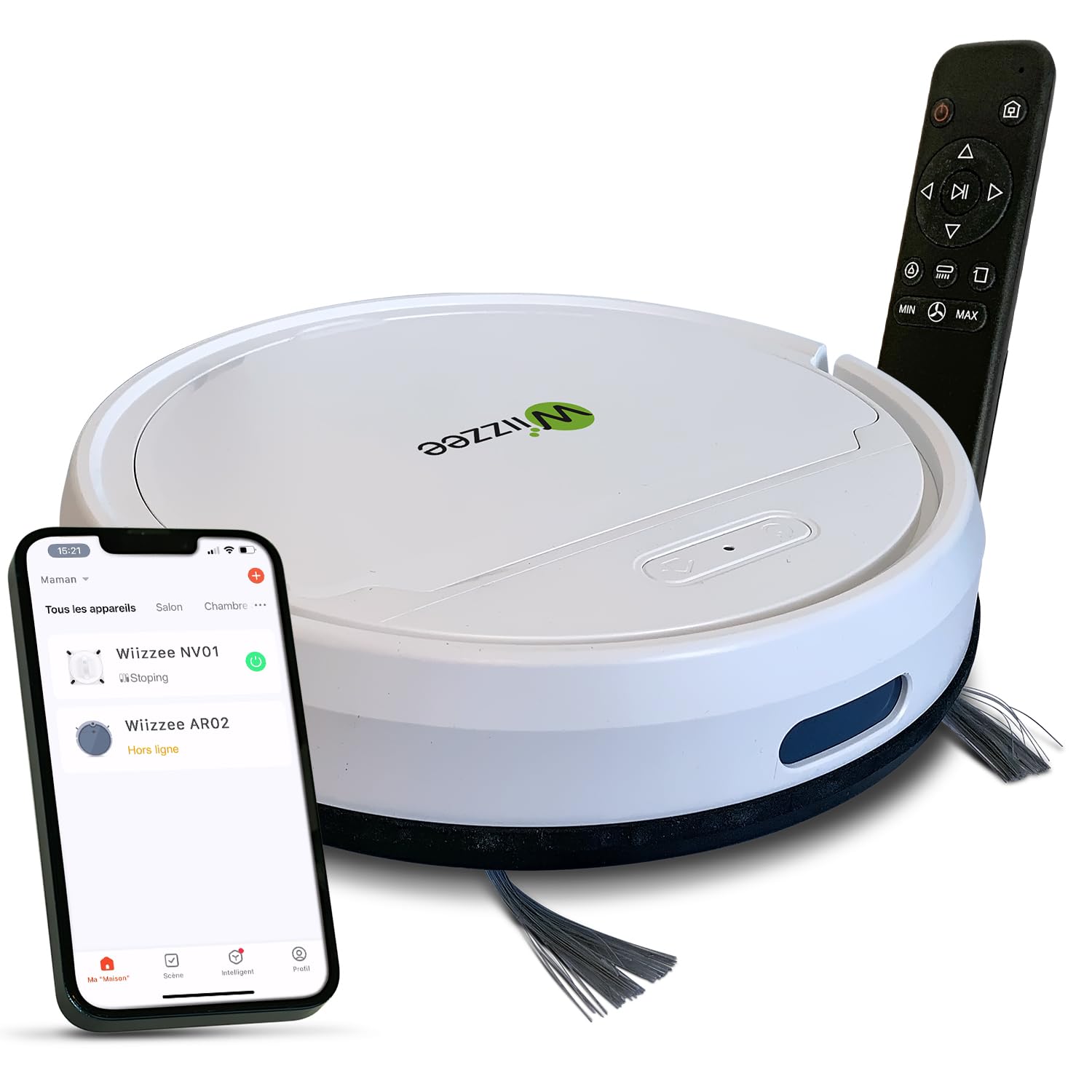 Wiizzee Robot Aspirador AR02, Delgado Silencioso WiFi Conectado con Tuya, 5 Modos de Limpieza, Autocarga, 90min Autonomía, Todos los Suelos Lisos, Sistema de Navegación Giroscópica