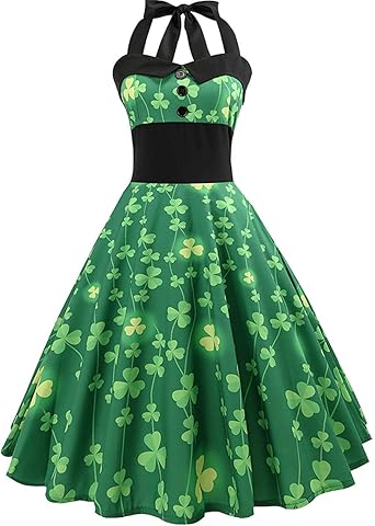Vestidos de Dia de São Patrício para mulheres, vestido de festa rodado  vintage, frente única, verde, com trevo da sorte, C Halter Lucky Shamrock,  Small : Amazon.com.br: Moda