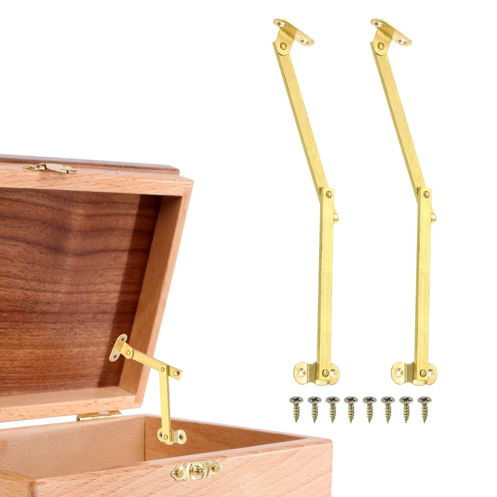 sourcing map 2Pcs Folding Lid Support Hinges, 4.9" Right Side Lift Up Stay Hinge Brass Rotatable Hinges for Cabinet Wardrobe Wooden Jewelry Box Cupboard Storage Shelve, Gold Tone