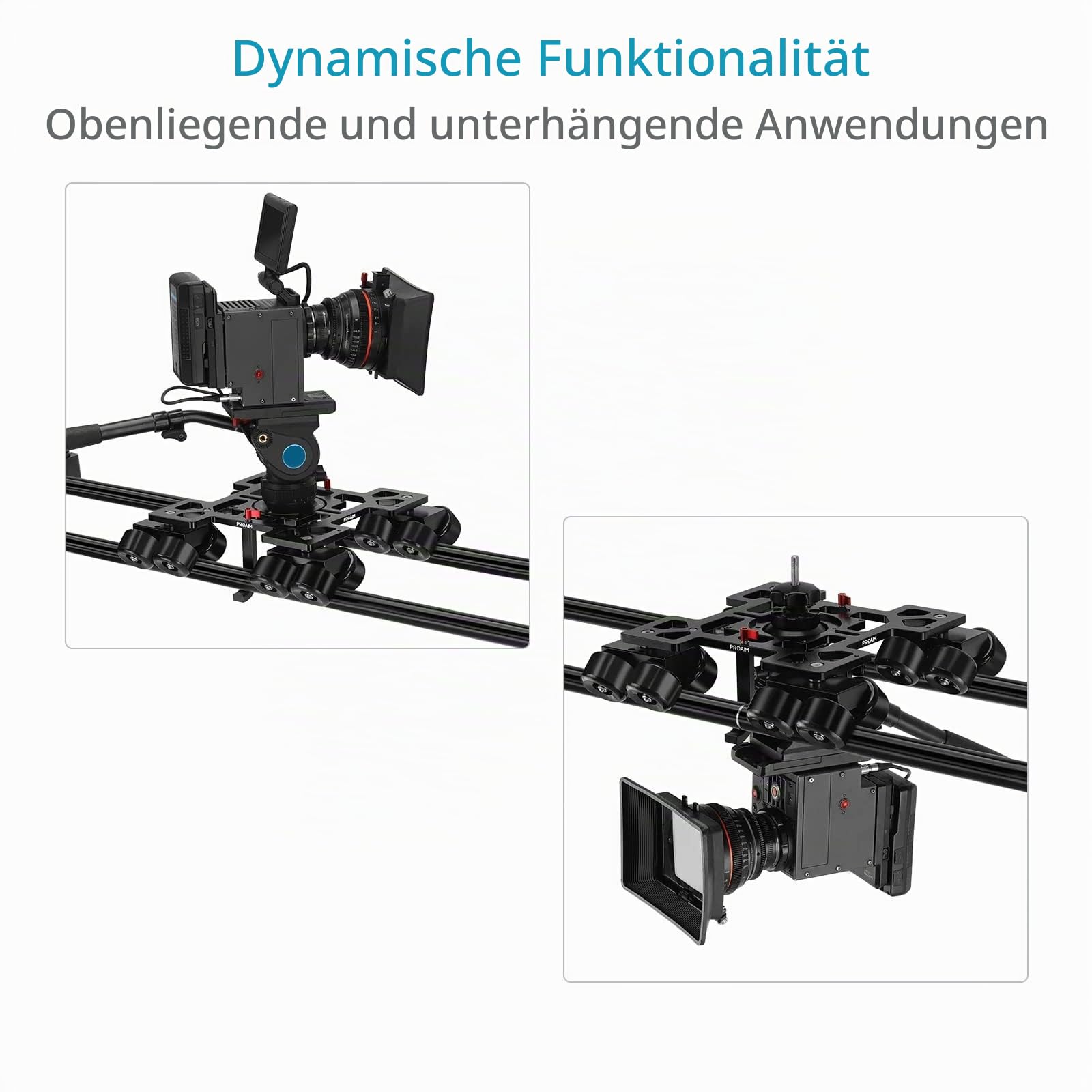 PROAIM Breeza Pro Kamerawagen mit Schiene. Mitchell, 75 mm, 100 mm Schüsselhalterung. Nutzlast bis zu 50kg / 110lb (DL-BRZP-01) | 16-Rad-Dolly mit Doppelkugellagern; Mitchell + 75/100mm Bowl-Mounts, Teleskopklemmen & gepolsterter Tasche