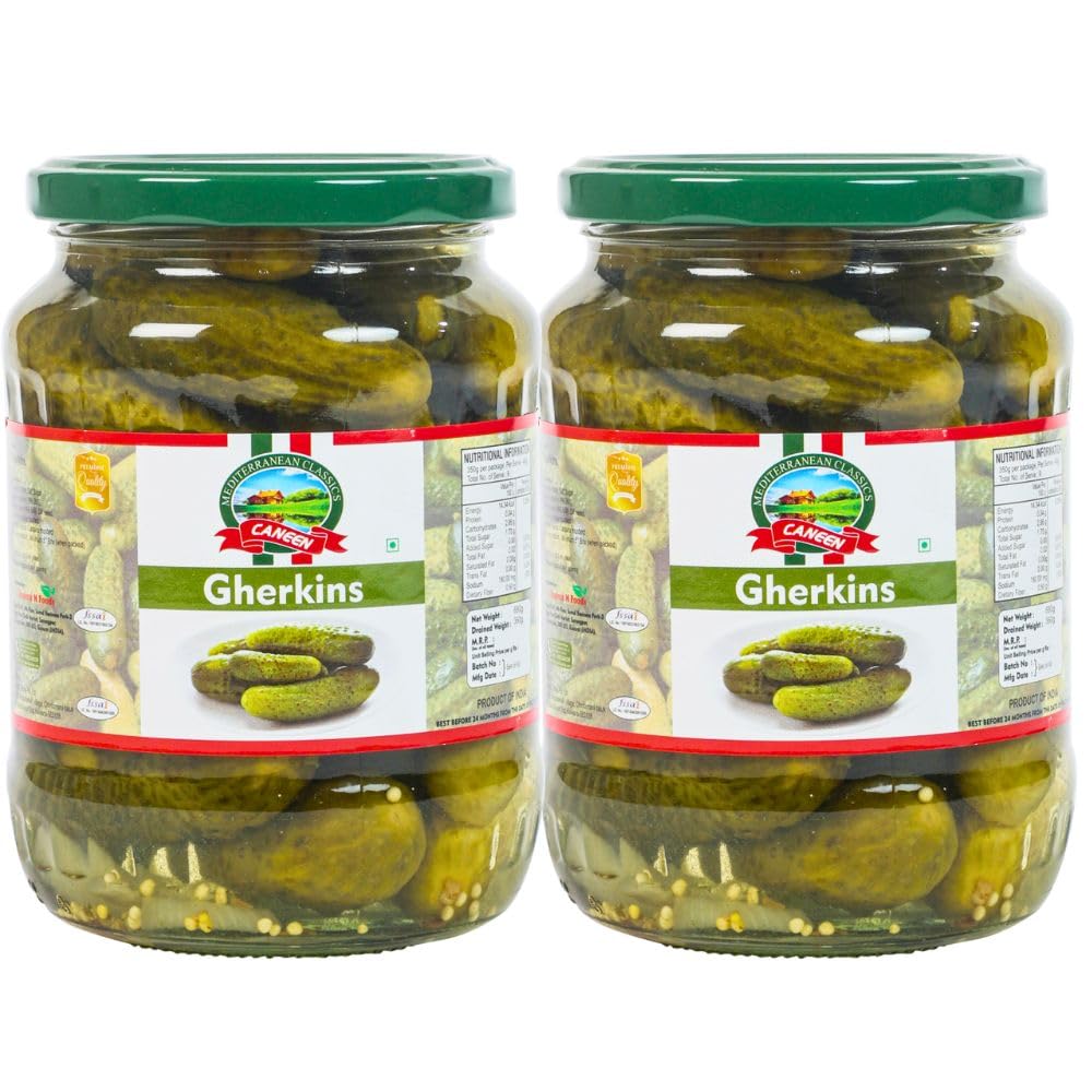 CANEEN Gherkins in Glass Jar | Crunchy, Tangy Pickles | Perfect for Snacks & Sandwiches | Combo Pack of 2 bottles (680gm x 2)