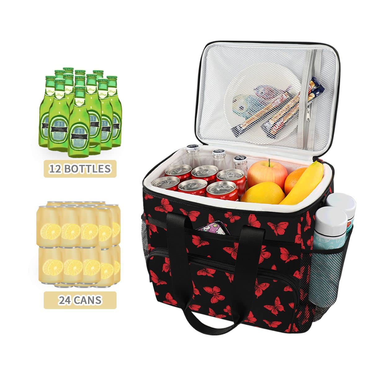 Bolsa de picnic de 15 L, 24 latas, bolsa de almuerzo aislada con mariposa, bolsas para viajes, camping, barbacoa, actividades al aire libre, asas, correa para el hombro