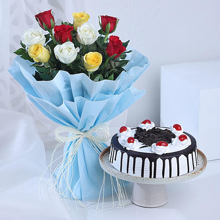 Fathers Day Mixed Rose Bouquet and Black Forest Cake-image-33