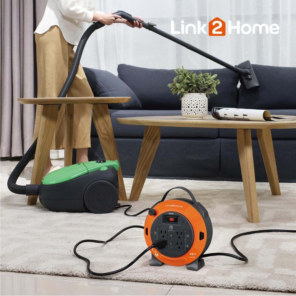 Link2Home Heavy Duty Retractable Extension Cord Reel 20 Ft. with 4 Outlets, 2 USB Ports & 16 AWG 3-Prong SJT Cord