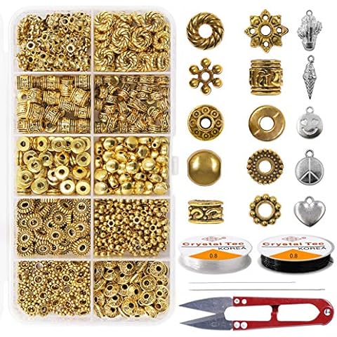 Spacer Bead 600 PCS 10 Style Antique Gold Jewelry Bead Charm Spacers Alloy Spacer Beads Kit Jewelry Findings Accessories with 2 Crystal String Bracelet Charm for DIY Bracelet Necklace Jewelry Making Cover