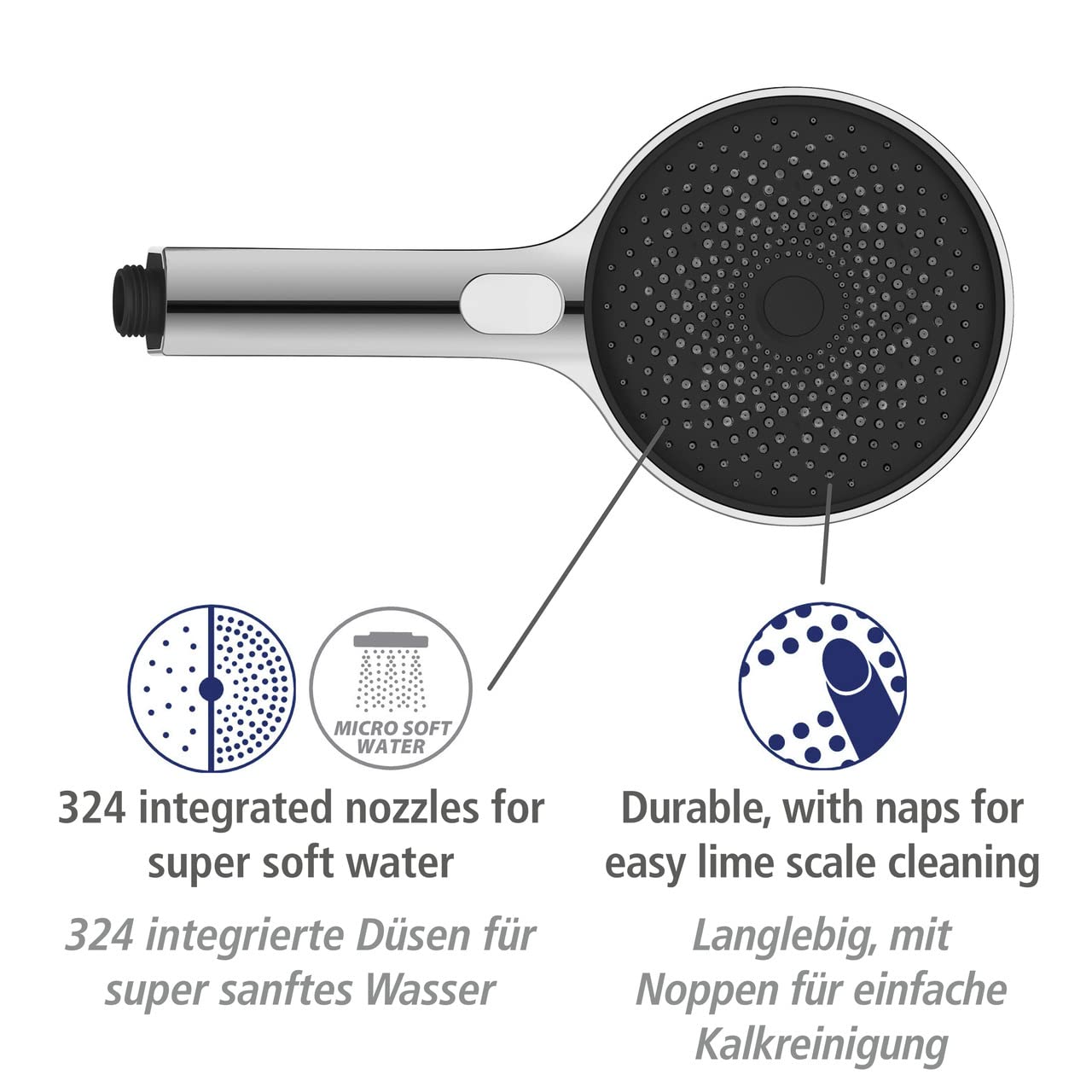 WENKO Set doccia Softwater, asta per doccia in acciaio inox dal design angolare con soffione Softwater per getto finissimo e tubo doccia flessibile idoneo, adatto per riscaldatore di flusso, cromato