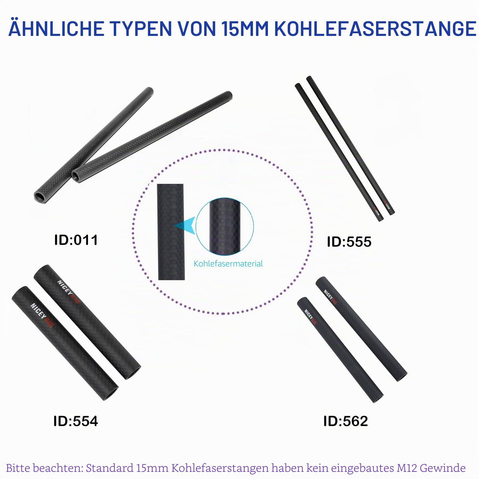15mm Carbon Fiber Rods,NICEYRIG 15 mm Kohlefaser-Stangen, 40 cm, 15 mm Stangenschienen-Stützsystem, DSLR-Schulter-Rig, Kamerastabilisatorkäfig, Matte Box, Grundplatte
